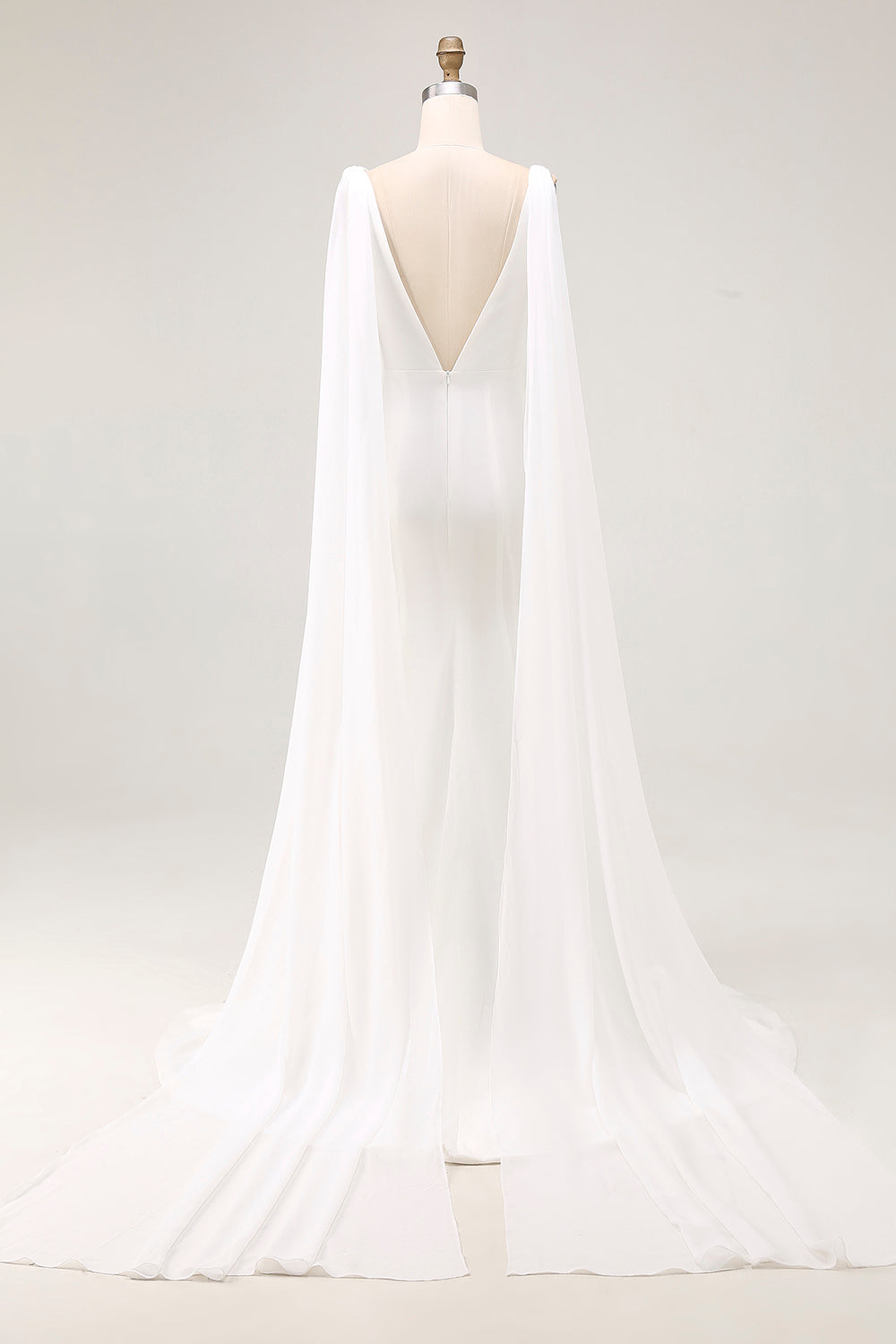 Simple Ivory Satin V Neck Mermaid Watteau Train Wedding Dress