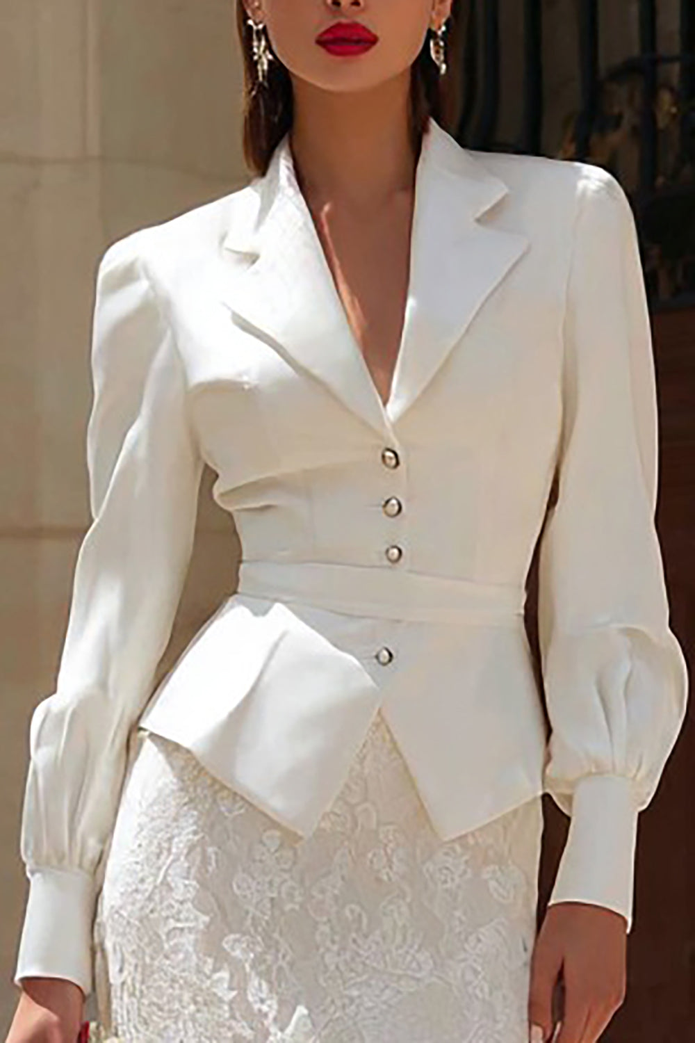 Ivory Notched Lapel 2 Piece Bodycon Midi Wedding Outfits with Sleeves