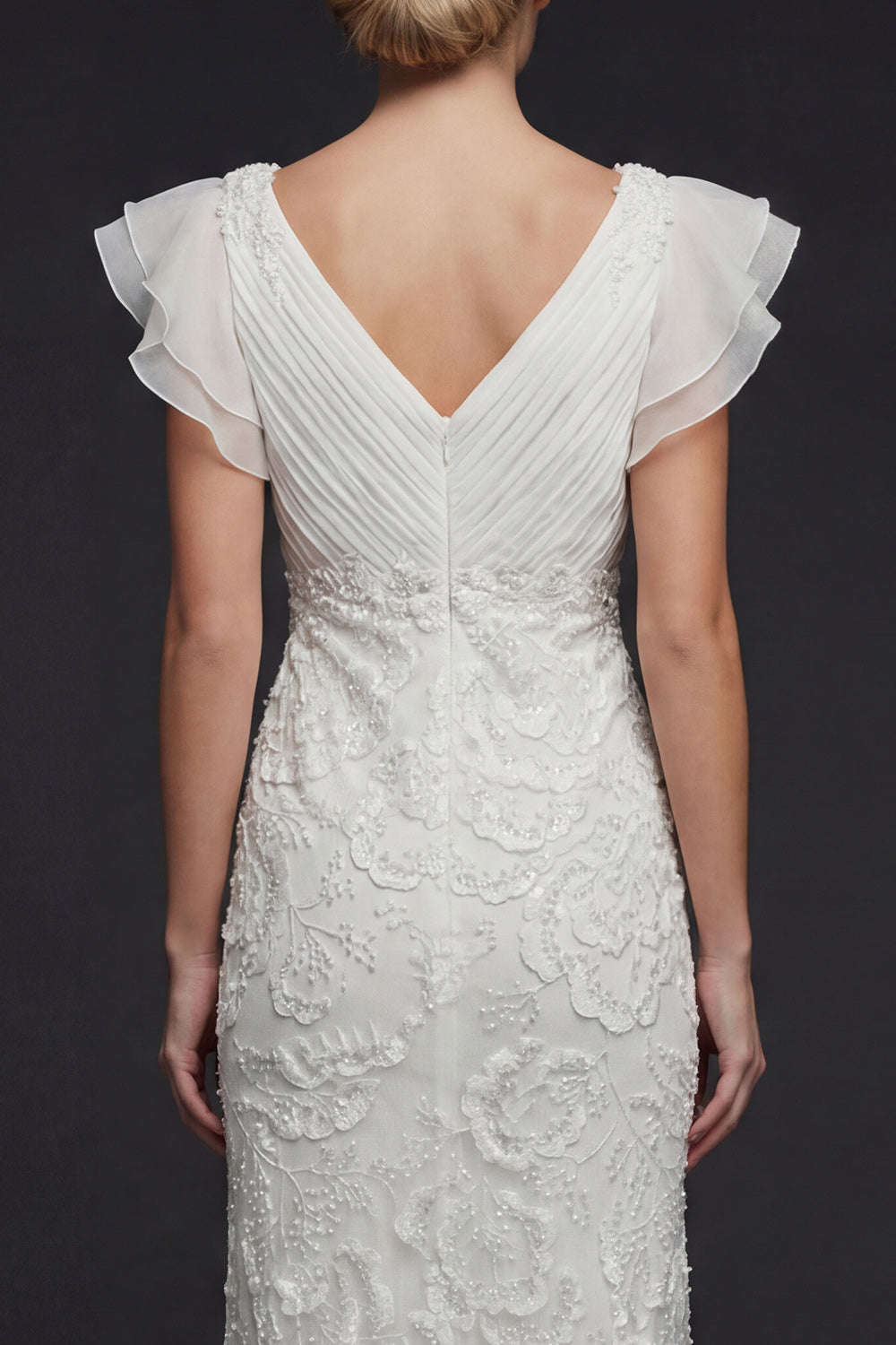 Sparkly White Floral V Neck Maxi Appliqued Beaded Boho Wedding Dress with Ruffles