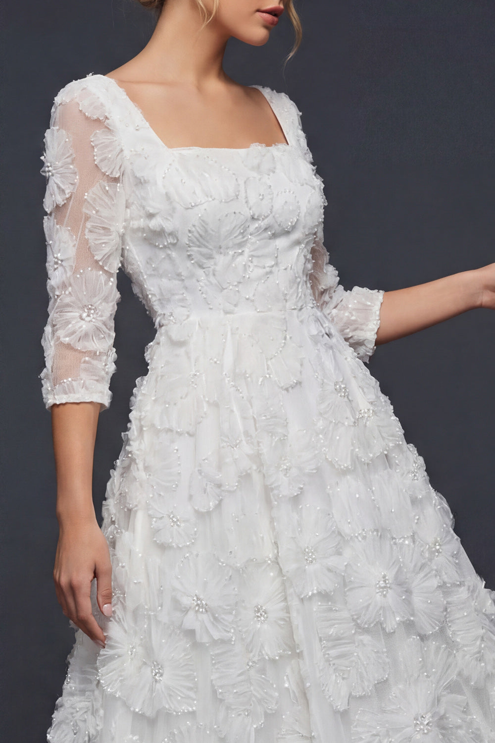 Sparkly White Beaded Square Neck Floral Maxi Boho Wedding Dress