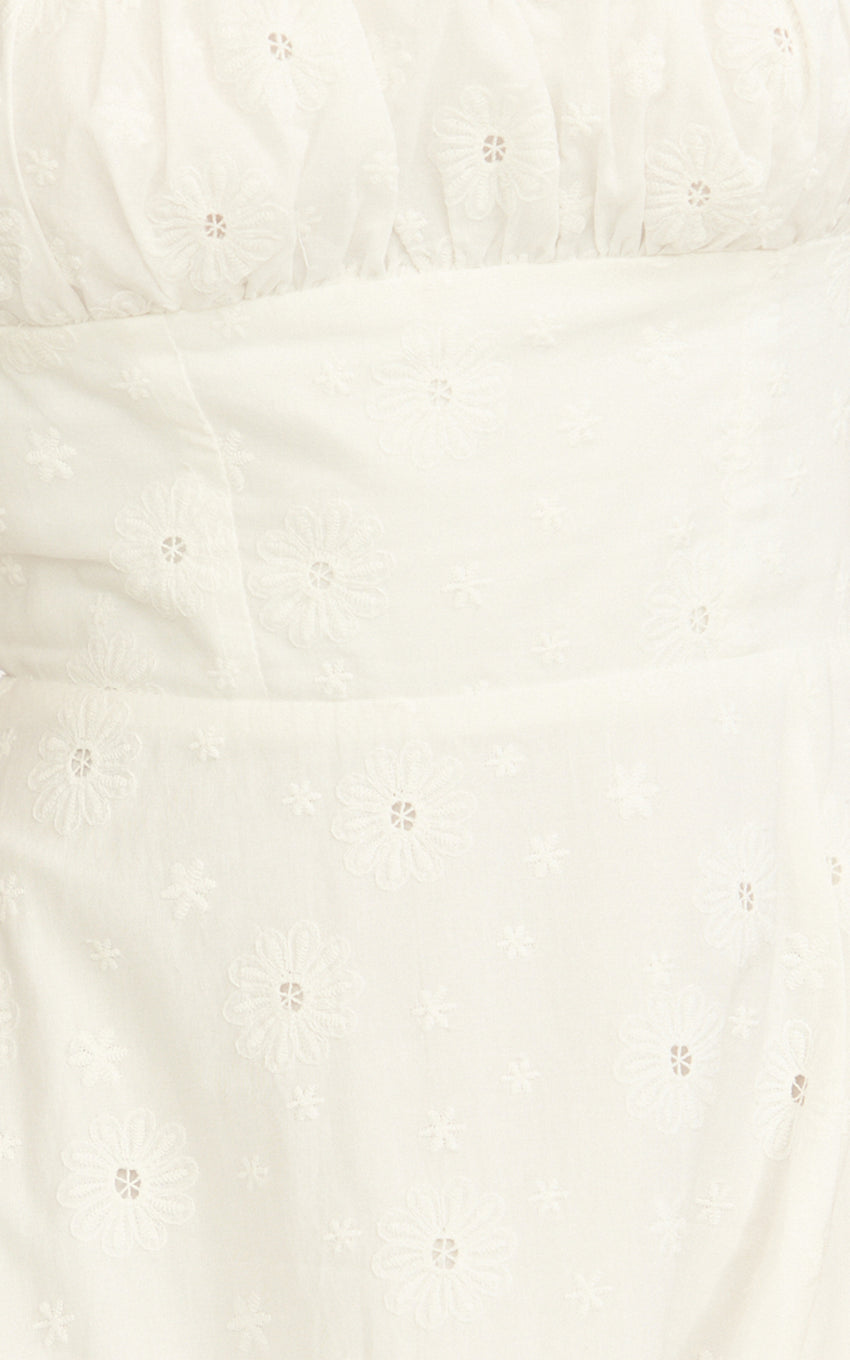 Lyra Midi Dress - Broderie Ruched Bust Halter Neck Dress in White