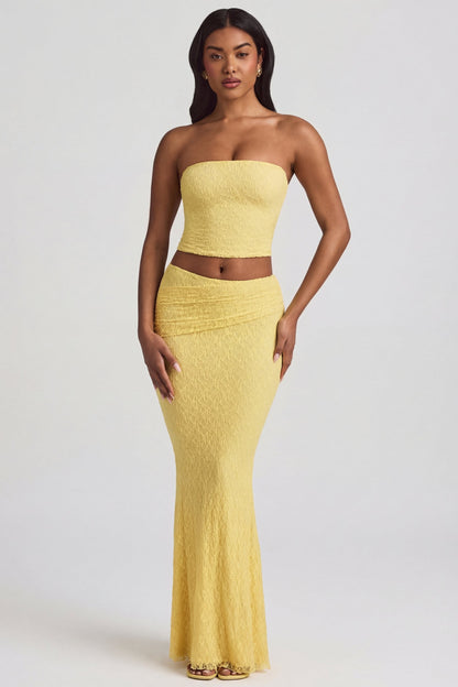 Draped Low-Rise Lace Maxi Skirt in Pastel Yellow