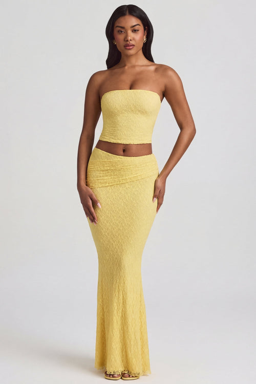Draped Low-Rise Lace Maxi Skirt in Pastel Yellow