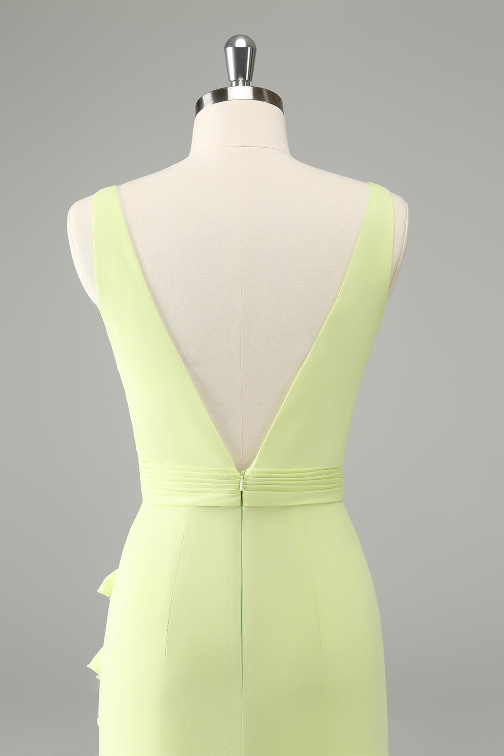 Lime Deep V Neck Ruffles Wedding Guest Dress with Slit