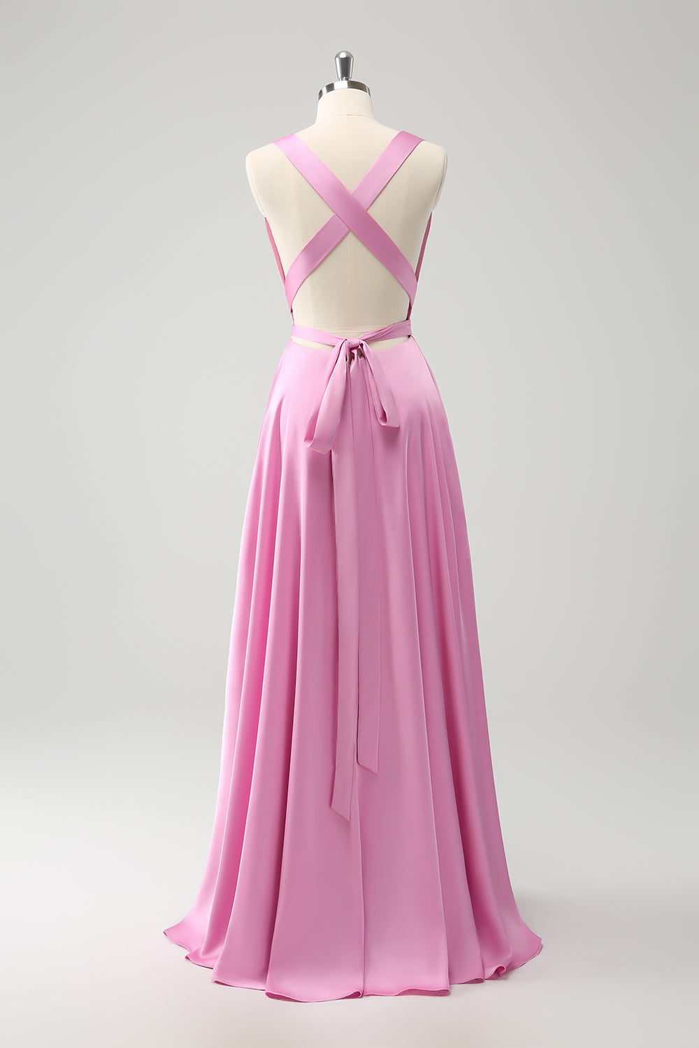 Pink A Line V-Neck Backless Long Bridesmaid Dress with Slit