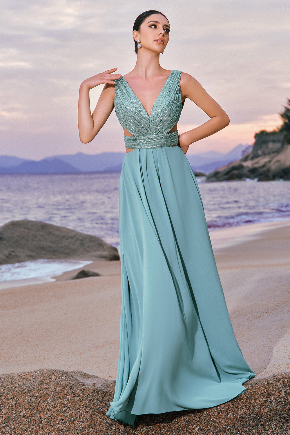 Grey Green V-Neck A-Line Long Bridesmaid Dress