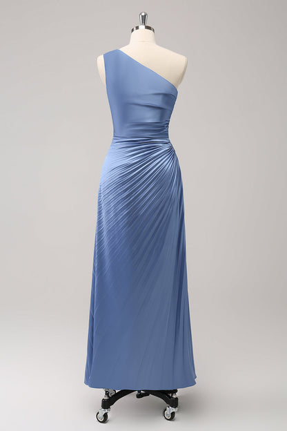 Blue One Shoulder Satin A-Line Long Bridsmaid Dress