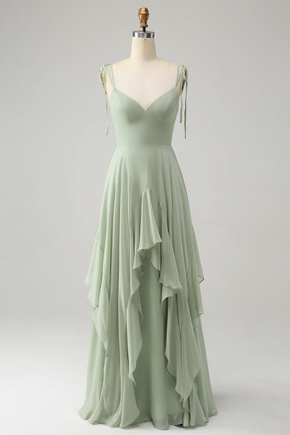 Matcha A Line Spaghetti Straps Long Bridesmaid Dress with Ruffles