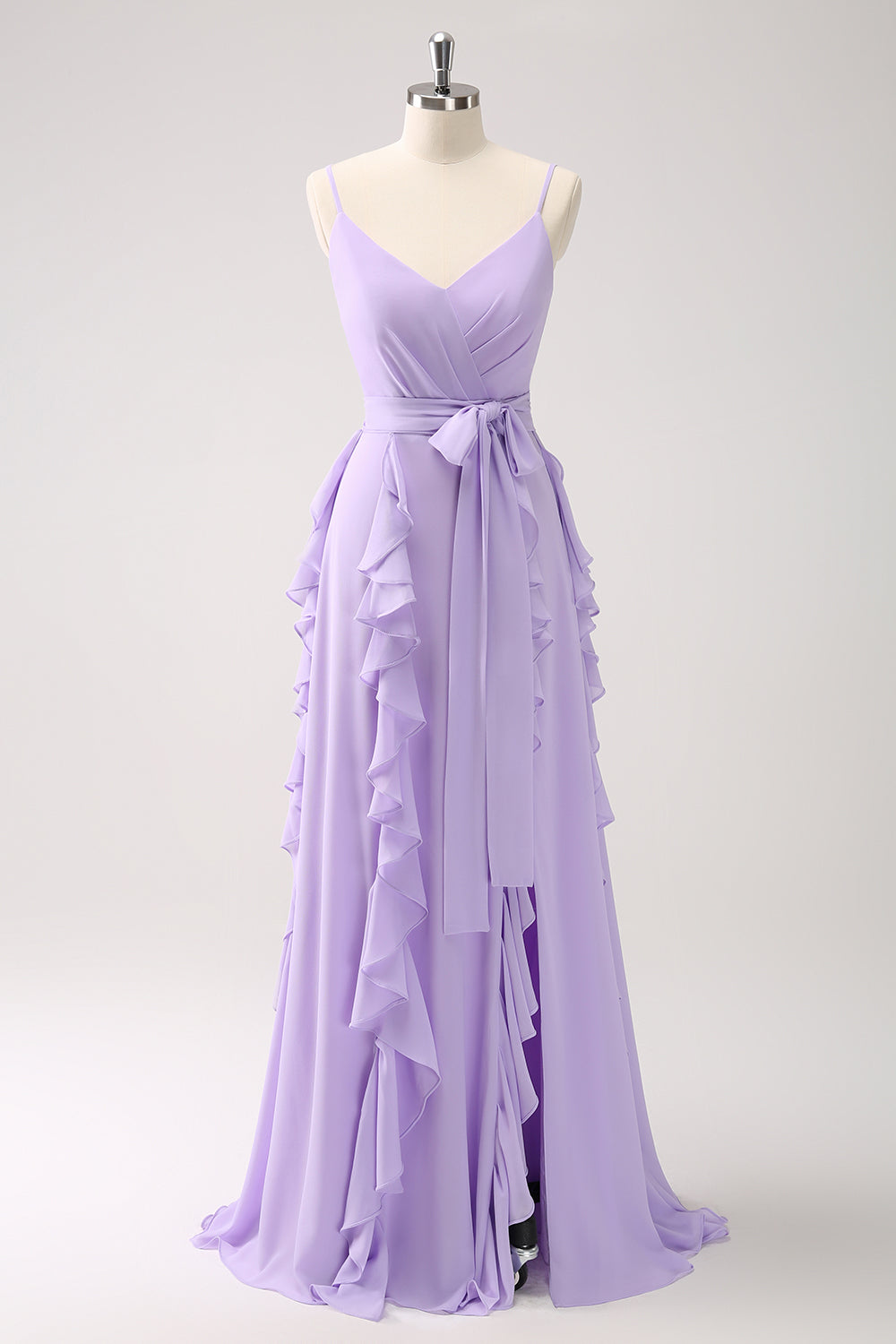 Lilac A-Line Spaghetti Straps Long Bridesmaid Dress With Slit