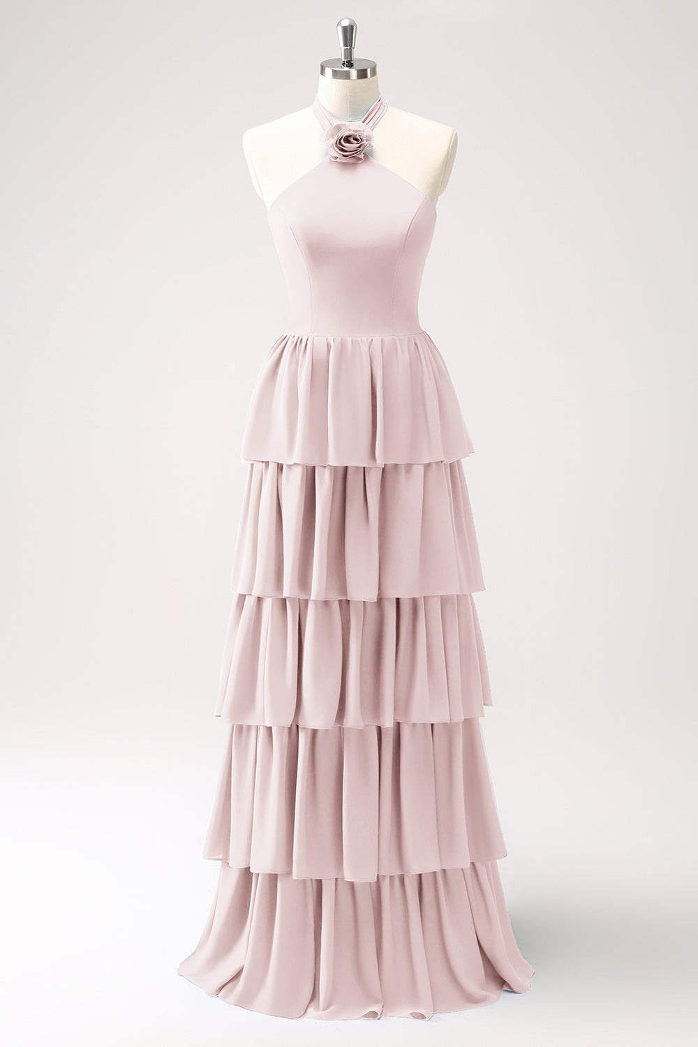 Dusty Blue Tiered Chiffon Bridesmaid Dress with Flower
