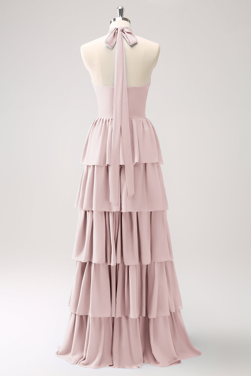 Dusty Blue Tiered Chiffon Bridesmaid Dress with Flower