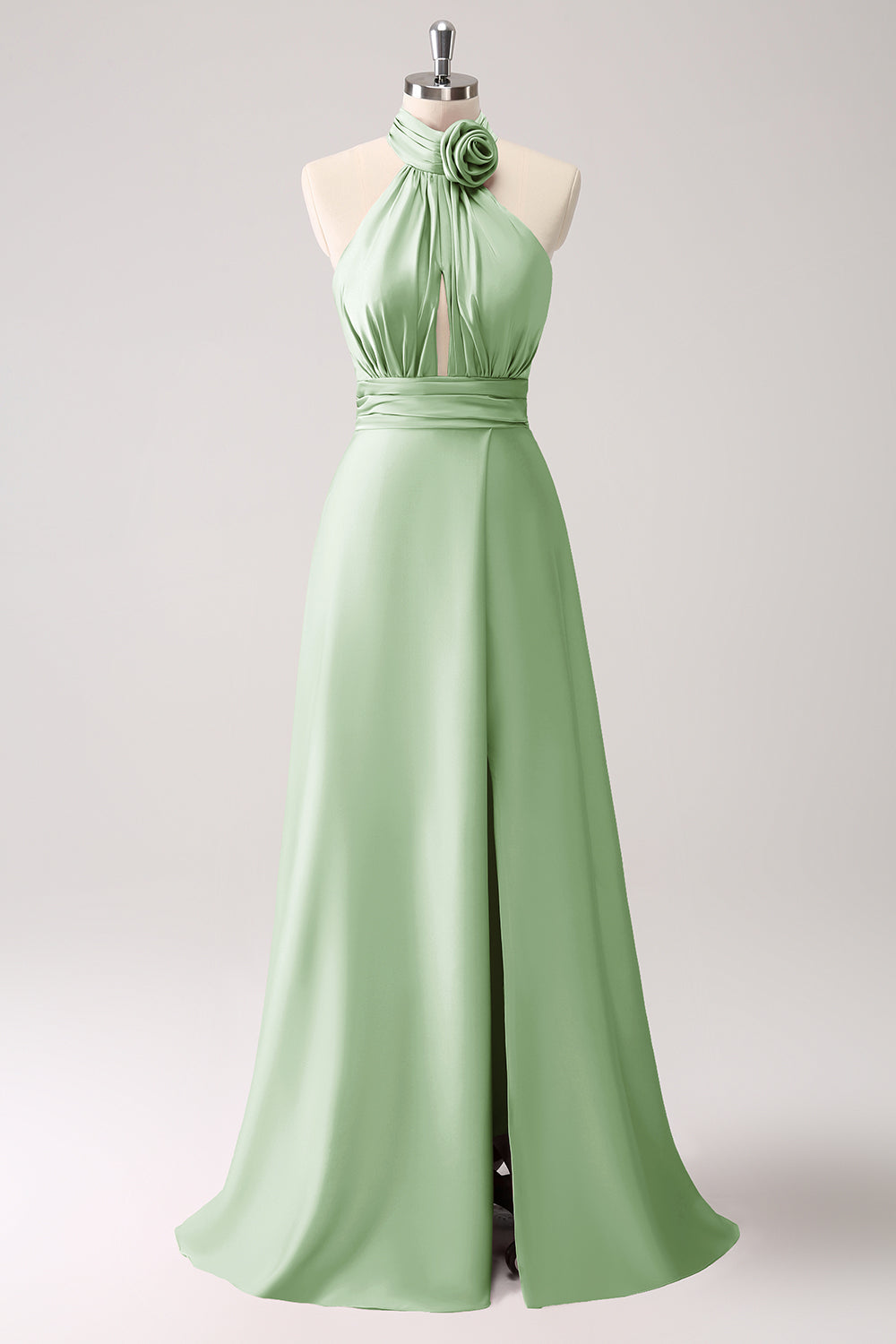Dusty Blue Keyhole A-Line Satin Bridesmaid Dress with Slit