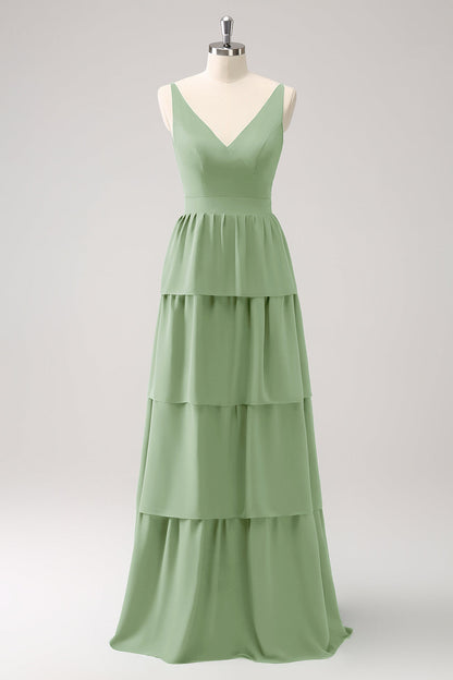 Royal Blue A Line V-Neck Tiered Long Bridesmaid Dress