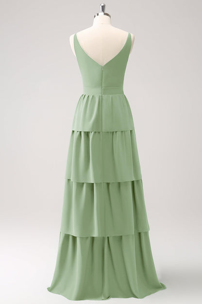 Royal Blue A Line V-Neck Tiered Long Bridesmaid Dress