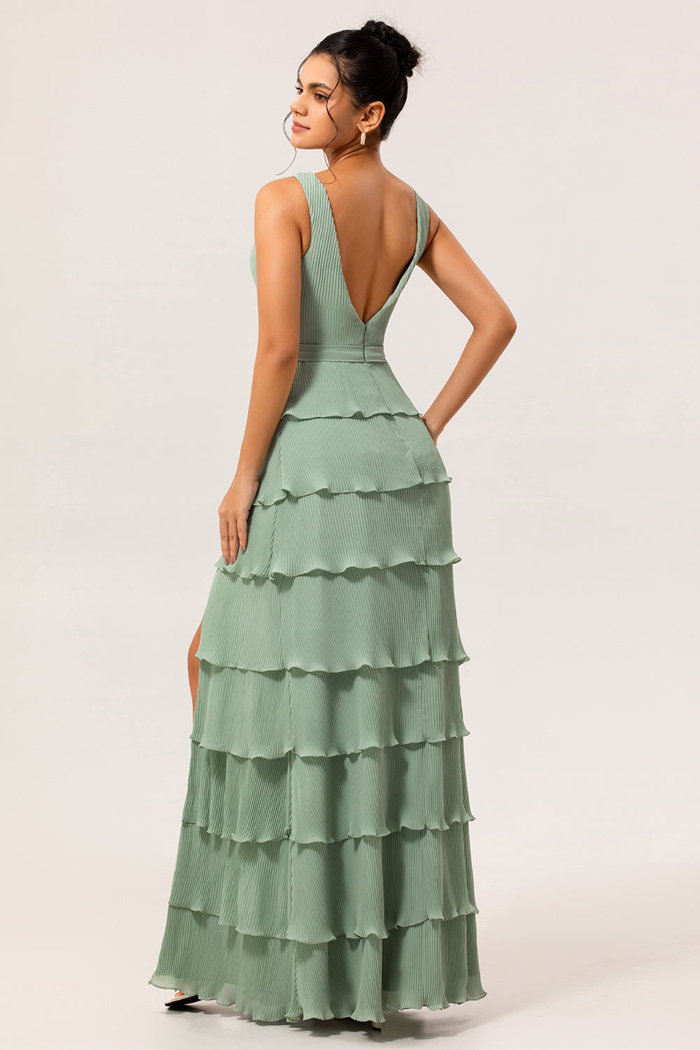 Dusty Sage Pleated Tiered A-Line Bridesmaid Dress with Slit