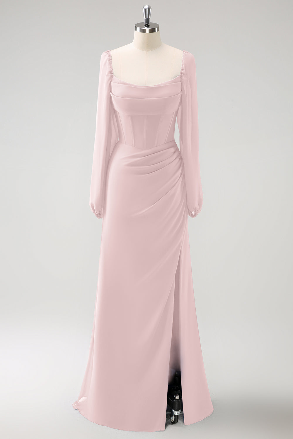 Eucalyptus Sheath Square Neck Chiffon Long Sleeves Long Bridesmaid Dress with Slit