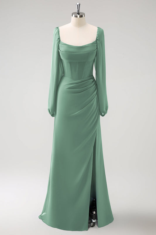 Eucalyptus Sheath Square Neck Chiffon Long Sleeves Long Bridesmaid Dress with Slit