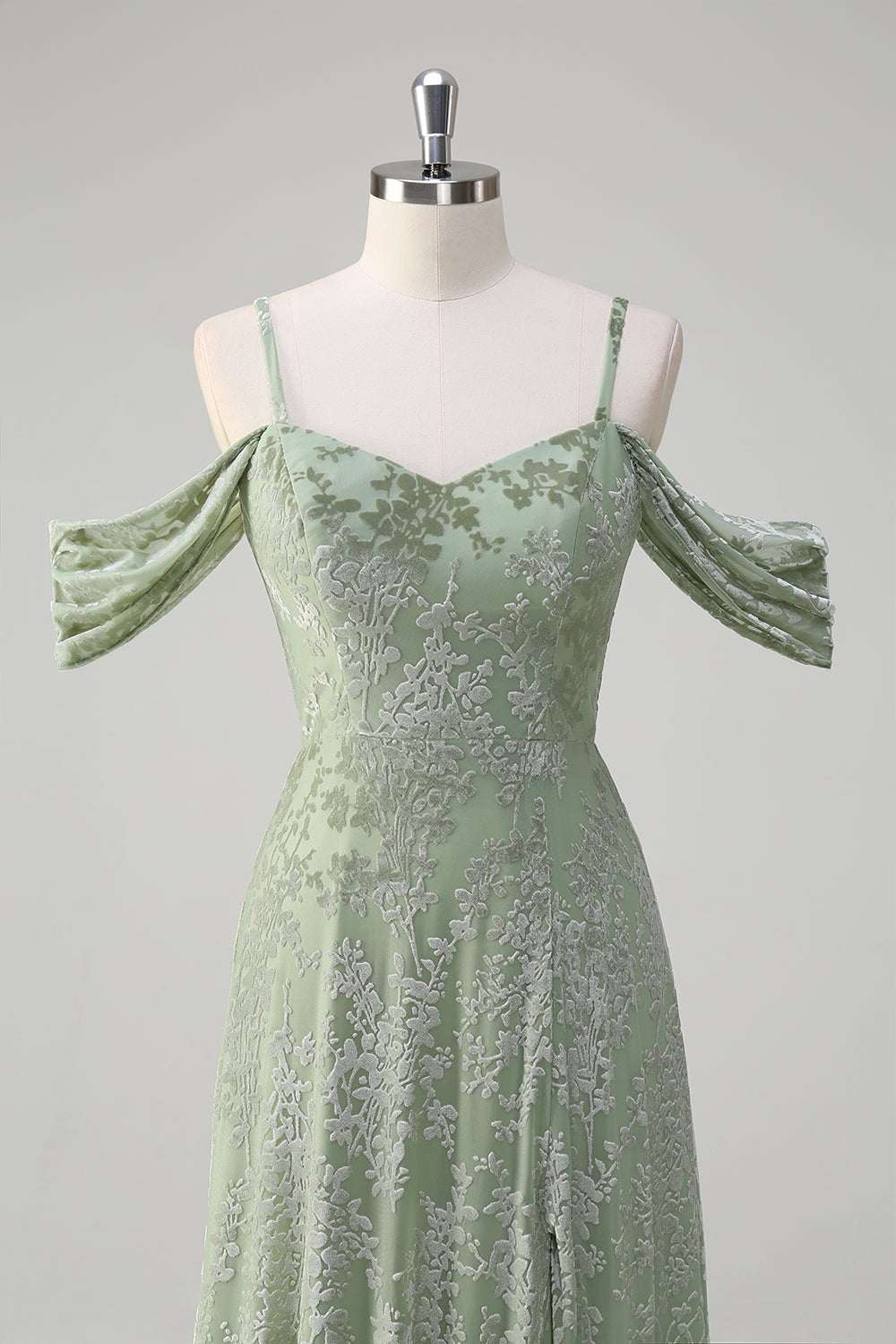 Dusty Sage Floral Embroidered Off The Shoulder Long Bridesmaid Dress with Slit