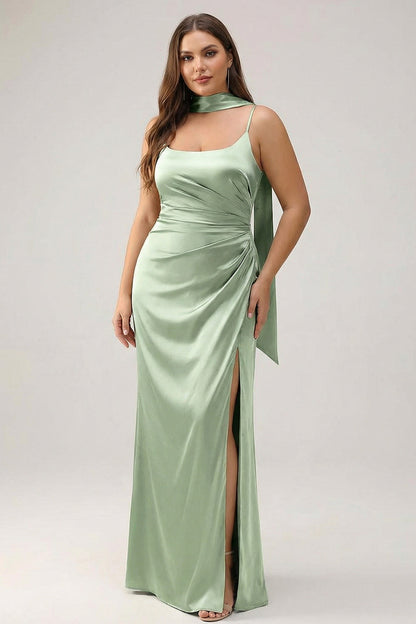Sage Sheath Spaghetti Straps Satin Long Bridesmaid Dress with Slit