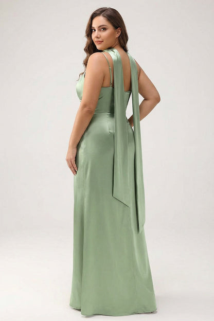 Dark Green Sheath Spaghetti Straps Satin Long Bridesmaid Dress with Slit
