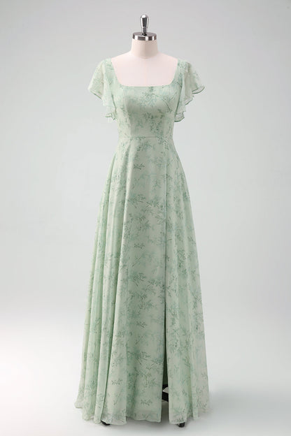 Dusty Sage Chiffon Floral Print Bridesmaid Dress with Slit