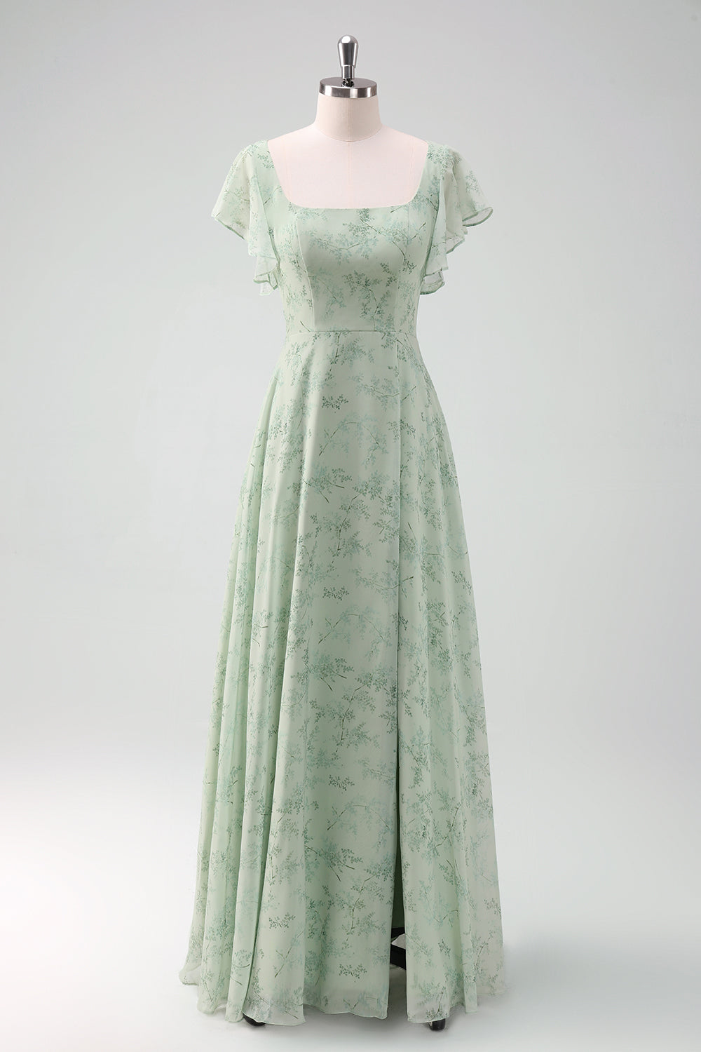 Grey Green Chiffon Floral Bridesmaid Dress with Slit
