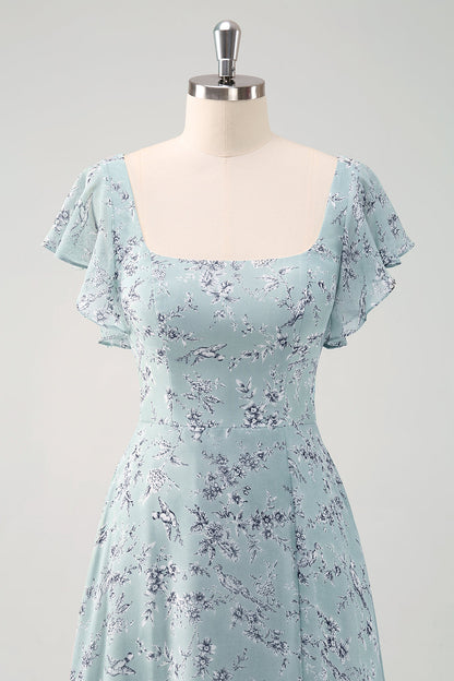 Grey Green Chiffon Floral Bridesmaid Dress with Slit