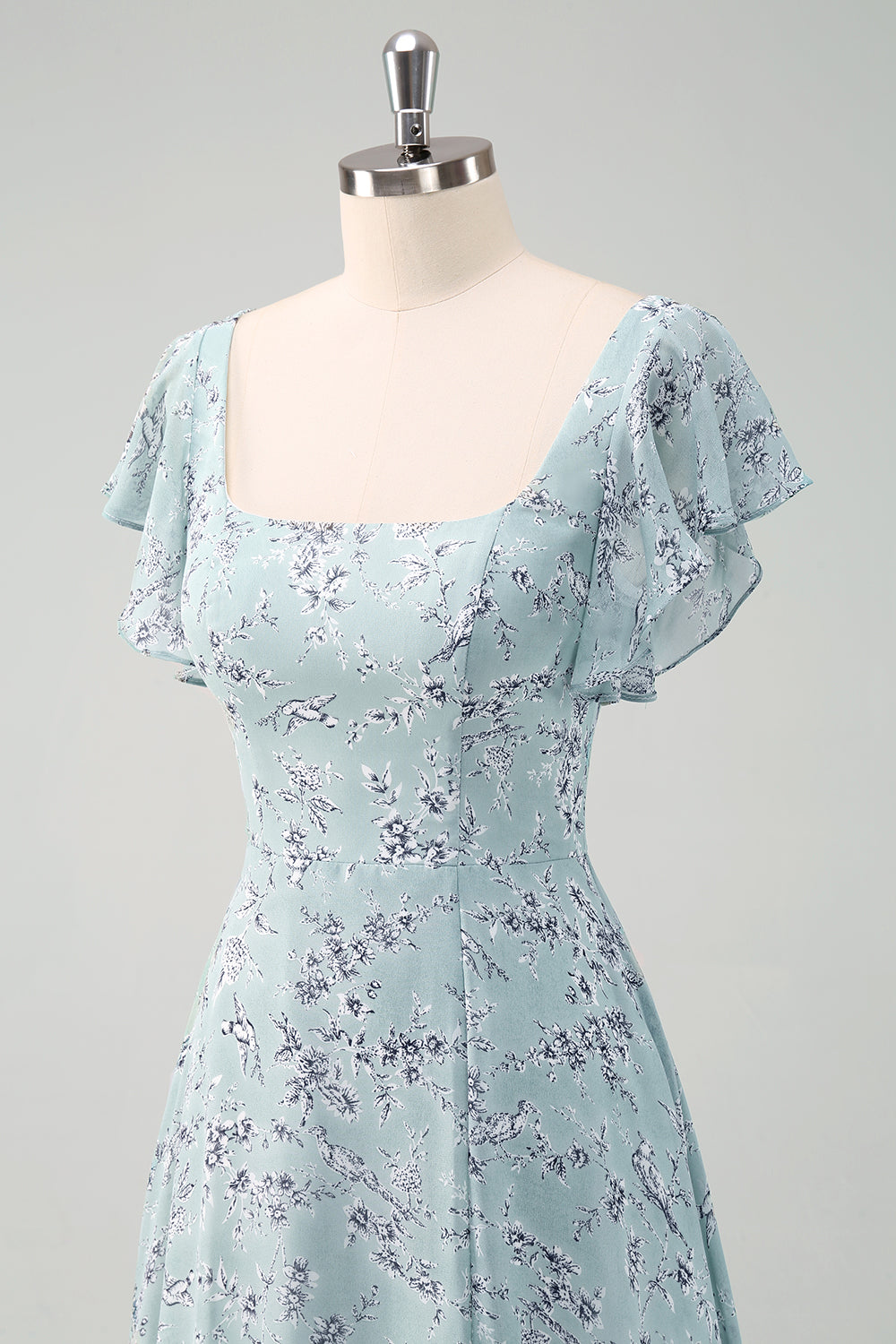 Grey Green Chiffon Floral Bridesmaid Dress with Slit