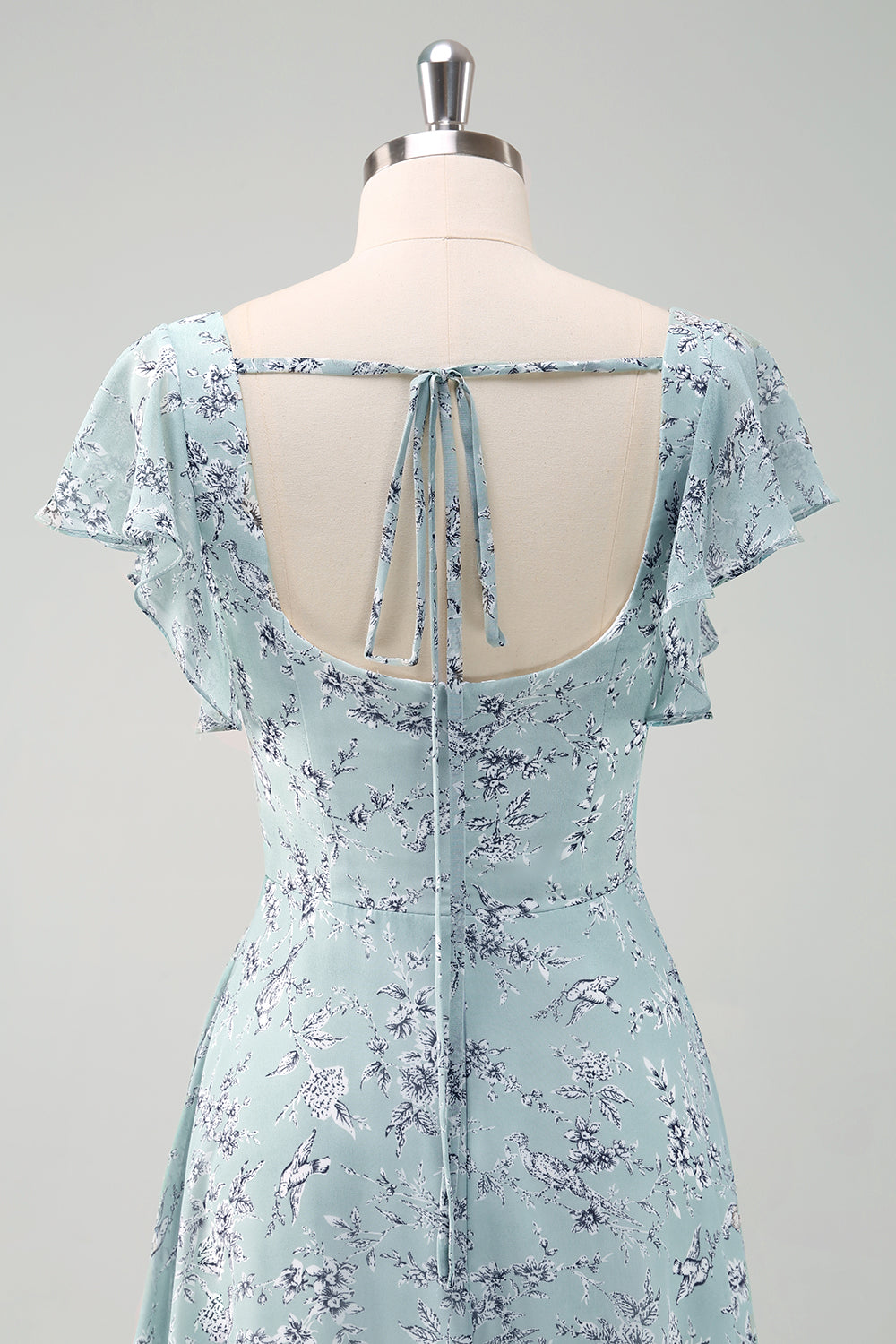 Grey Green Chiffon Floral Bridesmaid Dress with Slit