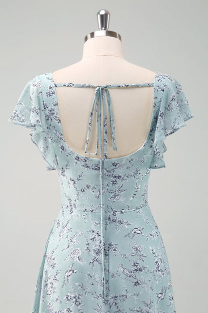 Dusty Sage Chiffon Floral Print Bridesmaid Dress with Slit
