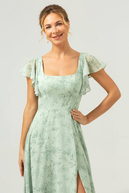 Dusty Sage Chiffon Floral Print Bridesmaid Dress with Slit
