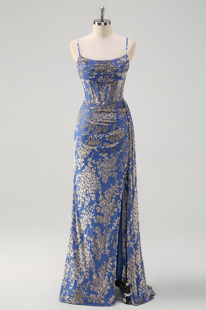 Blue Burnt Out Velvet Spaghetti Straps Sheath Bridesmaid Dress With Slit