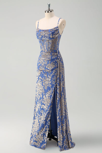 Burnt Out Velvet Blue Spaghetti Straps Corset Bridesmaid Dress With Slit