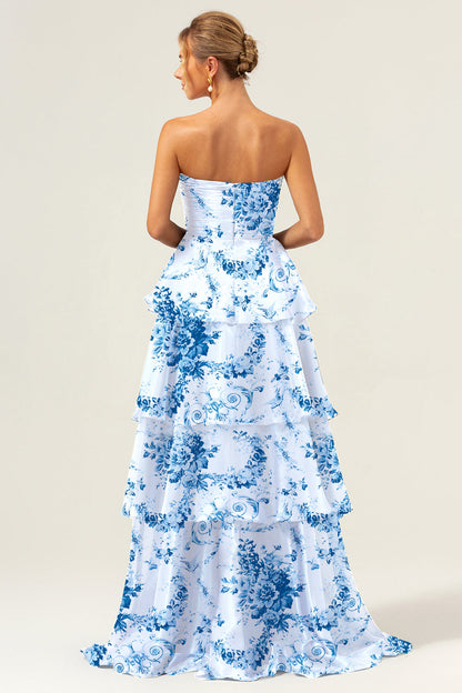 White Blue Flower A Line Ruched Long Bridesmaid Dress with Ruffles