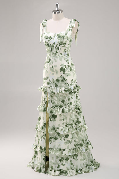 Green Flower A Line Square Neck Ruffled Long Bridesmaid Dress with Slit