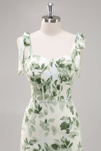 Green Flower A Line Square Neck Ruffled Long Bridesmaid Dress with Slit