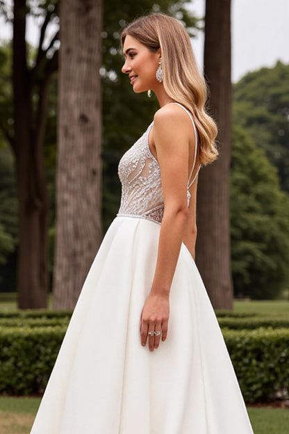 Ivory Satin Sweep Train A Line V Neck Wedding Dress with Lace