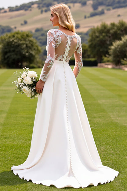 Ivory Deep V-Neck Sweep Train Satin Wedding Jumpsuits with Lace