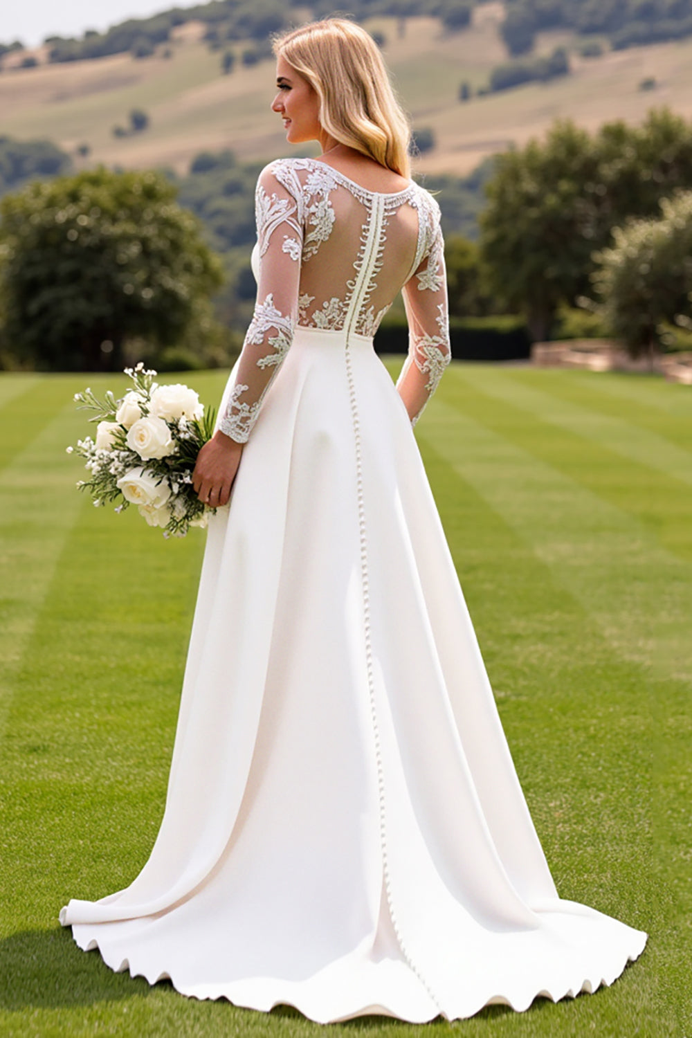 Ivory Satin Deep V-Neck Sweep Train Long Sleeves Wedding Jumpsuits with Lace