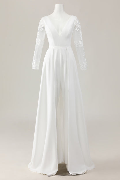 Ivory Satin Deep V-Neck Sweep Train Long Sleeves Wedding Jumpsuits with Lace