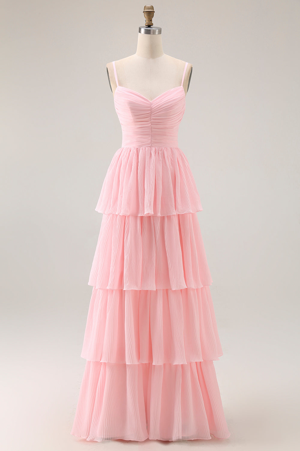 Candy Pink A Line Spaghetti Straps Long Tiered Bridesmaid Dress