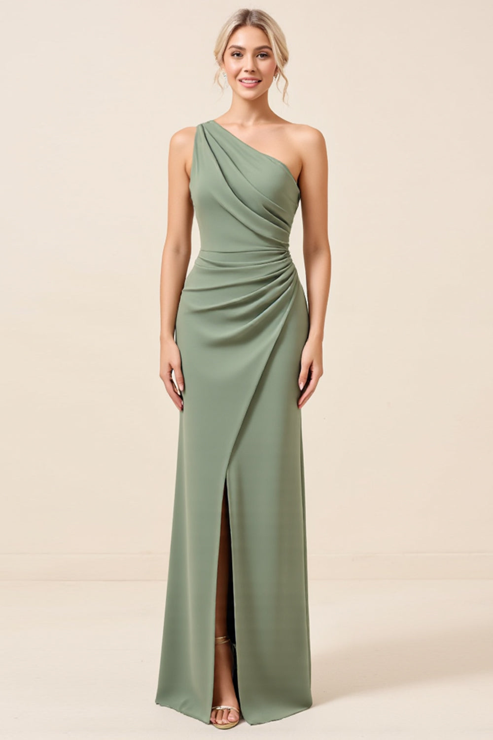 Matcha Sheath One Shoulder Long Bridesmaid Dress with Slit