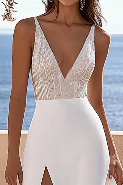 Ivory Chiffon Sweep Train Deep V-Neck Wedding Dress with Slit