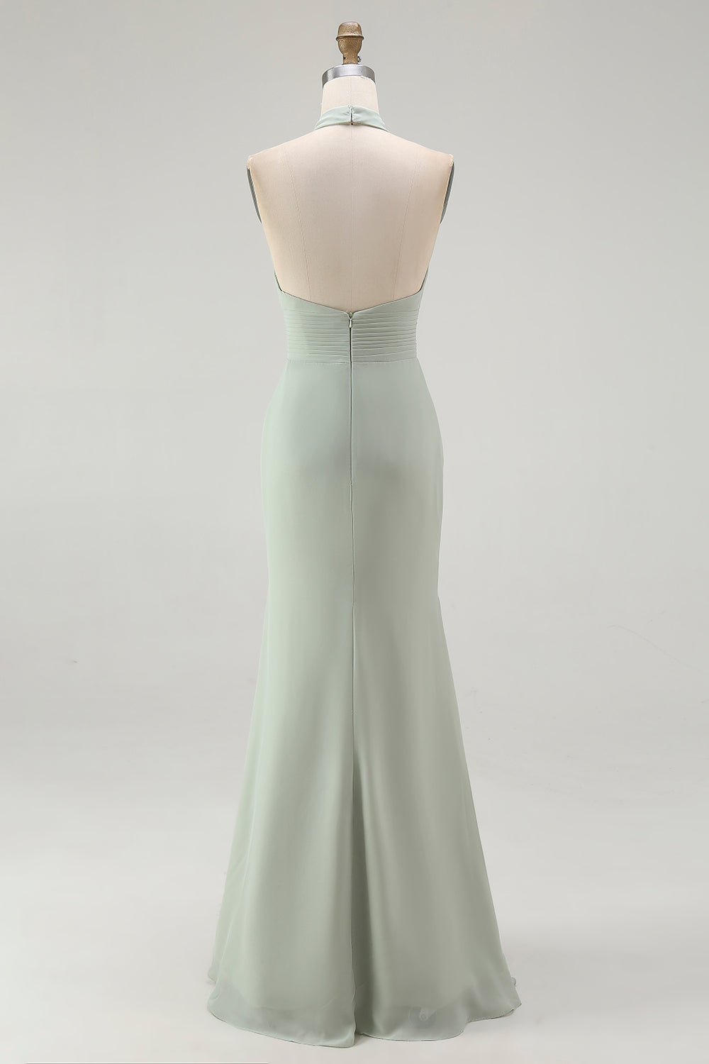 Dusty Sage Sheath Chiffon Halter Long Bridesmaid Dress with Slit