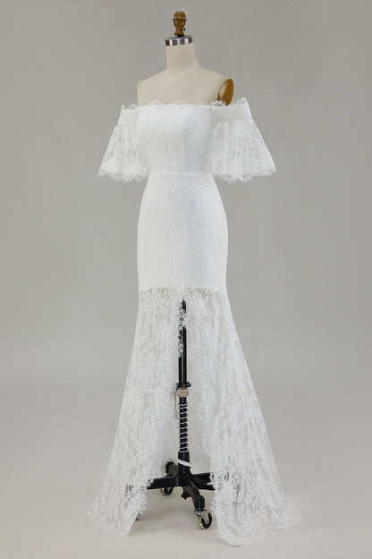 White Lace Mermaid Off the Shoulder Maxi Wedding Dress with Slit