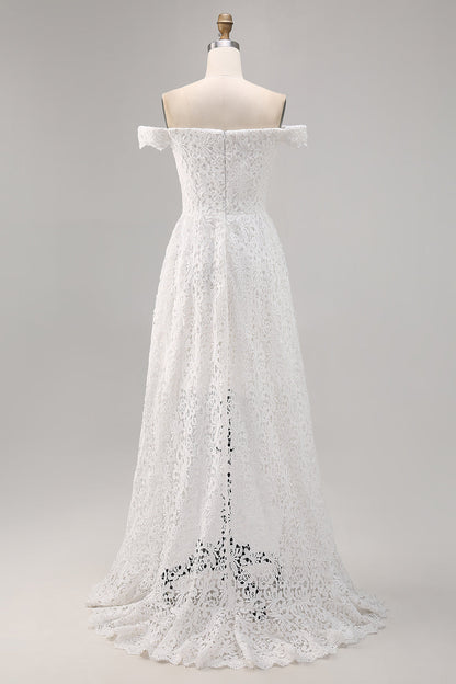 White Lace A Line Off The Shoulder High-Low Boho Maxi Dress with Ruffles