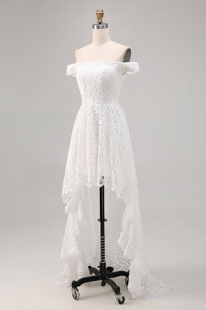 White Lace A Line Off The Shoulder High-Low Boho Maxi Dress with Ruffles