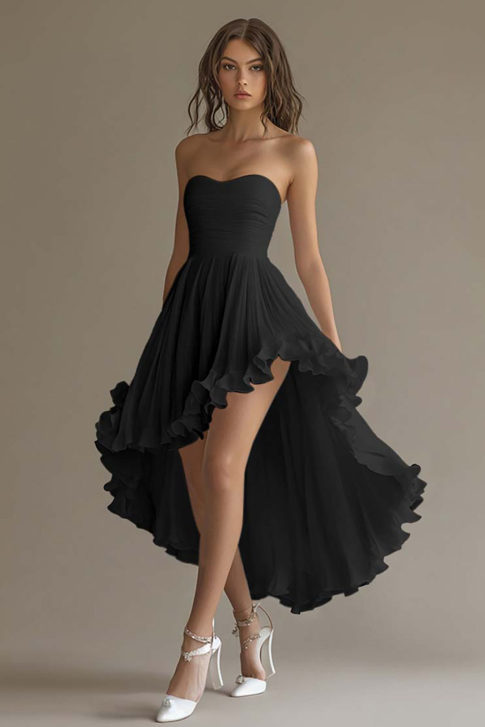 White Chiffon A Line High-Low Engagement Dress with Ruffles
