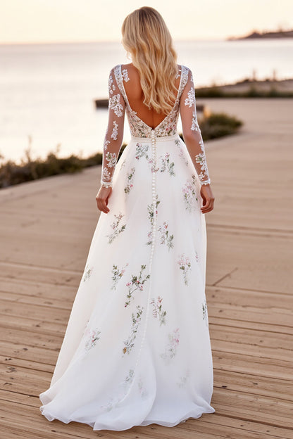White Tulle A Line V-Neck Long Sleeves Wedding Dress