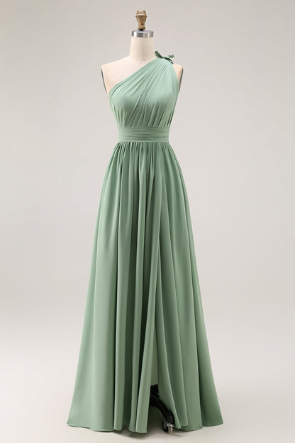 Lilac A Line One Shoulder Ruched Long Bridesmaid Dress with Slit
